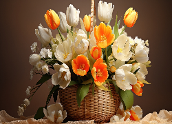 Kwiaty, Białe, Pomarańczowe, Tulipany, Koszyk