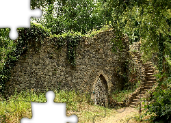 Ruiny, Schody, Wejście, Kamienny, Mur, Pnącza, Trawa, Krzewy