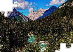 Park Narodowy Jasper, Rzeka, Athabaska, Góry Skaliste, Drzewa, Lasy, Obłoki, Alberta, Kanada