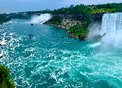 Rzeka, Łódki, Wodospad, Niagara Falls, Stany Zjednoczone