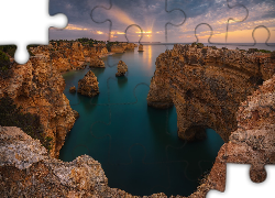 Wybrzeże, Skały, Wschód słońca, Morze, Ocean Atlantycki, Region Algarve, Portugalia