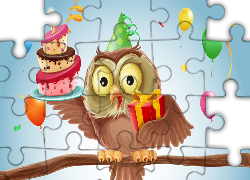 Sowa, Tort, Balony, Urodziny, Grafika 2D