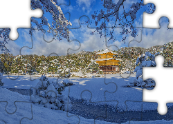 Zima, Świątynia Kinkaku ji, Złoty Pawilon, Staw Kyko chi, Drzewa, Kioto, Japonia