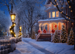 Zima, Dom, Choinki Światła, Latarnie, Święta, Boże Narodzenie, Grafika