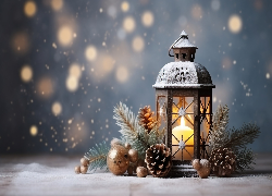 Zima, Śnieg, Dekoracja, Lampion, Gałązki, Szyszki, Bombki, Boże Narodzenie