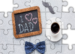 Dzień Ojca, Kawa, Muszka, Wąsy, Tablica, Napis, I love Dad