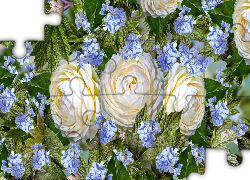 Kwiaty, Trzy, Białe, Róże, Liście, Niebieskie, Kwiatki, Grafika