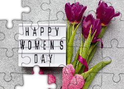 Tulipany, Ramka, Napis, Happy Womens Day, Serca