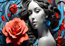 Grafika, Czarnowłosa, Kobieta, Czerwone, Róże