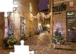 Boże Narodzenie, Udekorowana, Choinka, Światła, Dekoracja, Domy, Ulica, Tallinn, Estonia