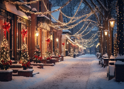 Zima, Ulica, Dekoracje, Latarnie, Domy, Boże Narodzenie