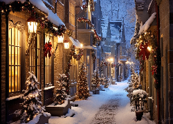 Zima, Ulica, Domy, Noc, Boże Narodzenie