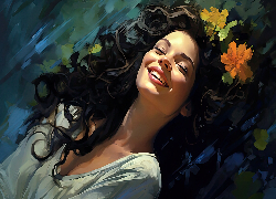 Kobieta, Uśmiech, Kwiaty, Włosy, Grafika