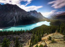Park Narodowy Banff, Jezioro, Peyto Lake, Góry, Lasy, Chmury, Prowincja Alberta, Kanada