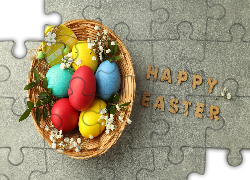 Wielkanoc, Pisanki, Koszyk, Napis, Happy Easter