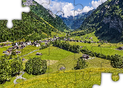 Góry, Alpy Szwajcarskie, Domy, Drzewa, Wzgórza, Wieś, Elm, Szwajcaria