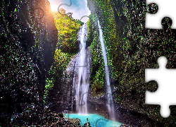 Wodospad, Madakaripura Waterfall, Omszałe, Skały, Drzewa, Wyspa Jawa, Indonezja