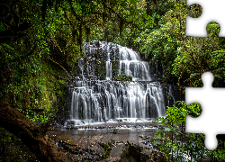Wodospad, Purakaunui Falls, Drzewa, Skała, Catlins, Nowa Zelandia