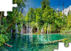Chorwacja, Park Narodowy Jezior Plitwickich, Plitvice, Jezioro, Drzewa, Wodospad