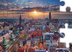 Polska, Wrocław, Panorama miasta, Zachód słońca