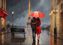 2D, Kobieta, Mężczyzna, Parasol, Deszcz, Wieża Eiffla, Paryż, Francja
