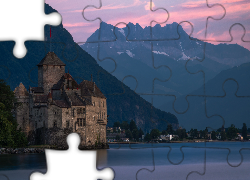 Góry, Jezioro Genewskie, Zamek Chillon, Drzewa, Domy, Veytaux, Szwajcaria