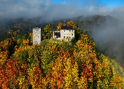 Góry, Zamek Thierberg, Las, Drzewa, Jesień, Mgła, Austria