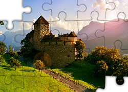 Liechtenstein, Vaduz, Zamek w Vaduz, Góry Alpy, Droga, Drzewa