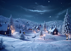 Zima, Drzewa, Śnieg, Noc, Domy, Światła, Niebo