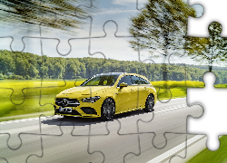 Żółty, Mercedes-AMG CLA 35, Droga, Drzewa, Prędkość