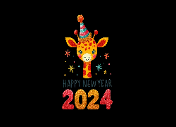 Nowy Rok, 2024, Życzenia, Żyrafa, Czapka, Czarne, Tło, Grafika