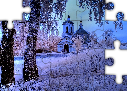 Kościół, Drzewa, Zima