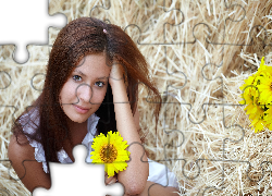 Dziewczyna, Kwiaty, Siano