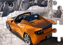 Pomarańczowy, Tesla Roadster Sport, Śnieg