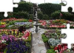 Kwiaty, Ogród, Fontanna