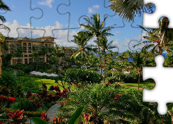 Hotel, Park, Kwiaty, Palmy, Morze, Hawaje