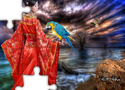 Kobieta, Kimono, Papuga, Morze