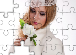 Piękna, Kobieta, Kapelusik, Biała, Róża