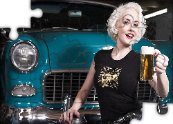 Piękna, Kobieta, Samochód, Kufel, Piwa