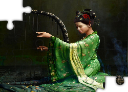 Kobieta, Kimono, Harfa