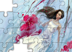 Kobieta, Kwiaty, Wiatr