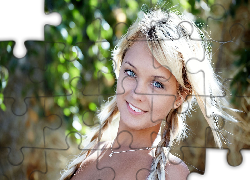 Blondynka, Uśmiech, Niebieskie, Oczy, Warkocze