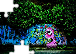 Ulica, Mur, Graffiti, Drzewa