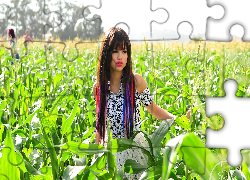 Kobieta, Kolorowe, Włosy, Pole, Kukurydzy