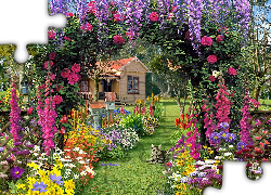 Ogród, Kwiaty, Kot, Grafika, Komputerowa