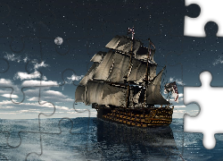 Żaglowiec, HMS Victory, Morze, Noc, Księżyc