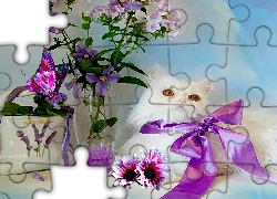 Biały, Kot, Fioletowa, Kokarda, Kwiaty, Obraz