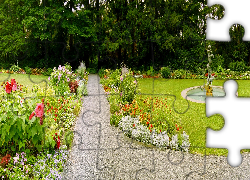 Ogród, Kwiaty, Zieleń, Fontanna