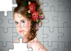 Piękna, Kobieta, Kwiaty, We, Włosach