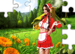 Kobieta, Czerwony Kapturek, Cosplay, Chatka, Las, Kwiaty